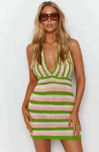 Damen gehäkeltes Minikleid mit tiefem V-Ausschnitt und gestreiftem Design EB