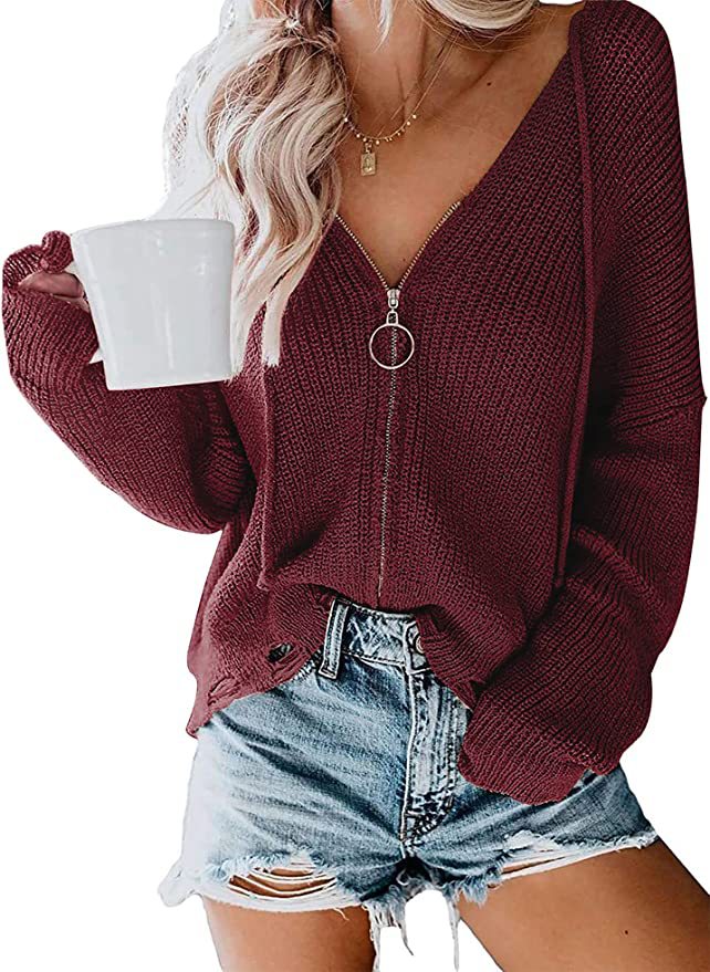 Damen V-Ausschnitt Strickpullover mit durchgehendem Reißverschluss und lässigem Schnitt EB