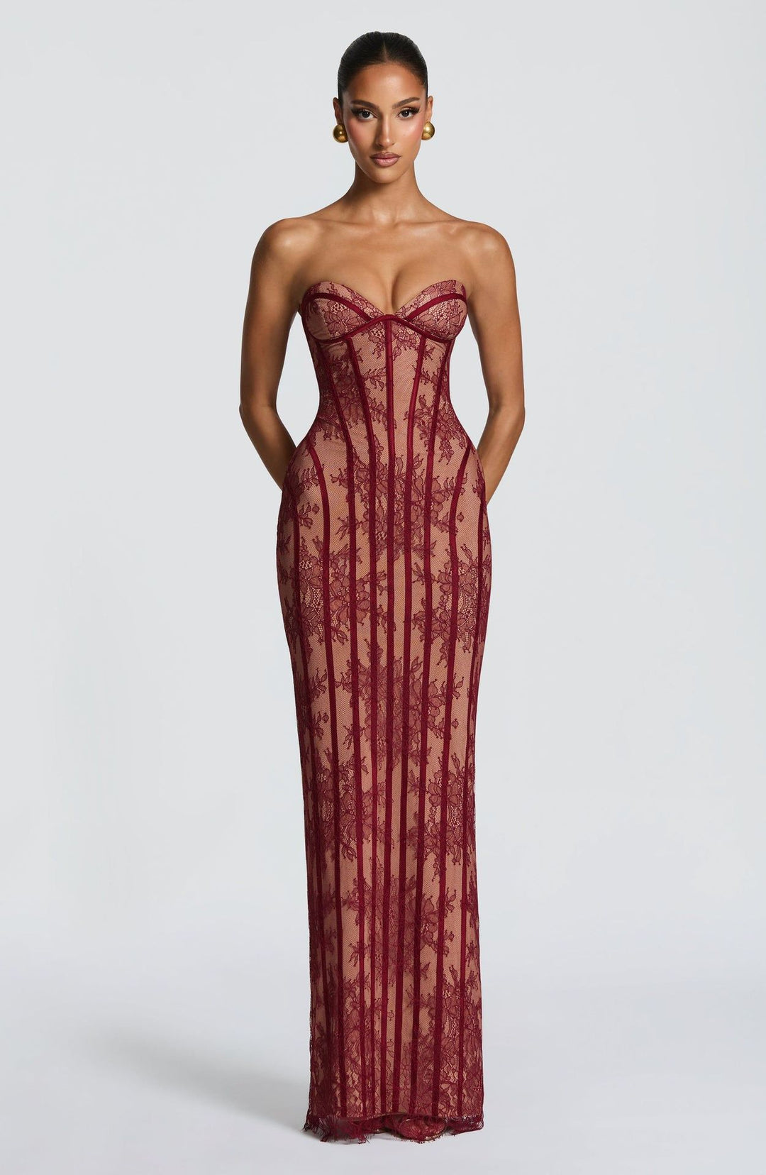 Damen figurbetontes Spitzenkleid mit Bustier-Oberteil und eleganten Details EB