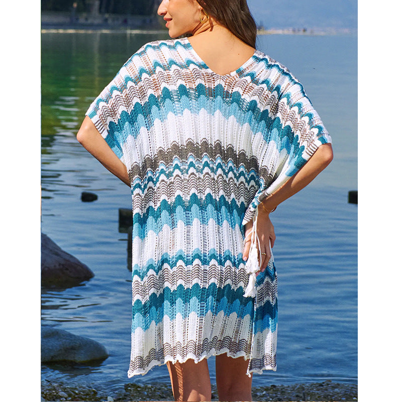 Damen lässiger Strandkimono im Wellenmuster mit offenen Ärmeln und seitlichen Schlitzen EB