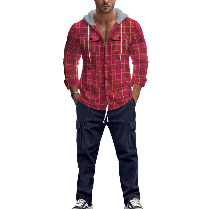 Herren gemusterte Kapuzenshirtjacke mit karierter Struktur und praktischen Taschen EB