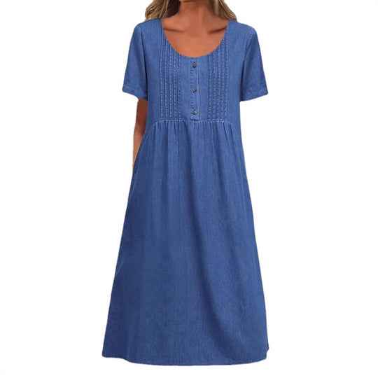 Damen Freizeitkleid mit knöpfigem Oberteil und eleganter Raffung Heidi-Mode