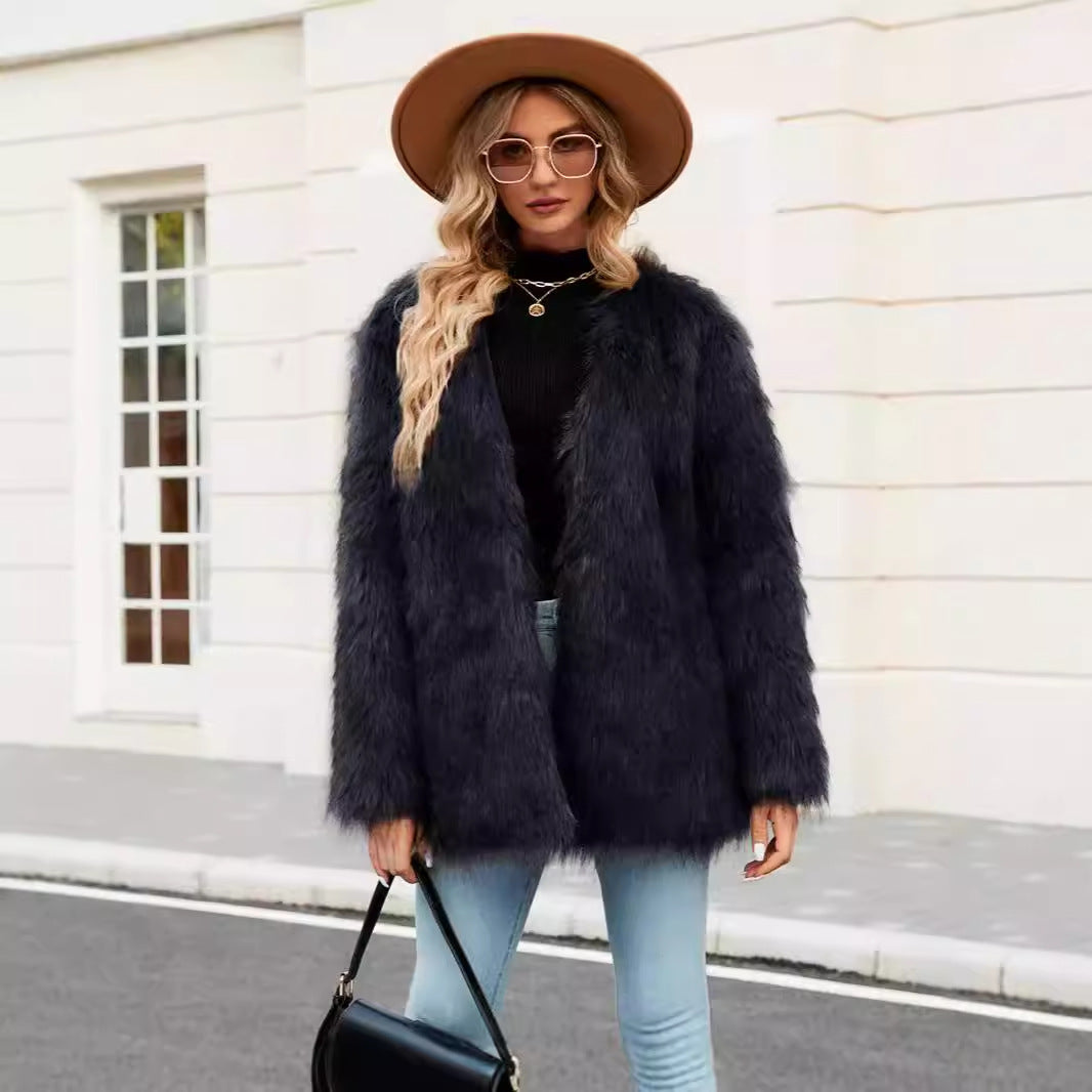 Damen Luxe Kunstfelljacke mit offenem Kragen EB