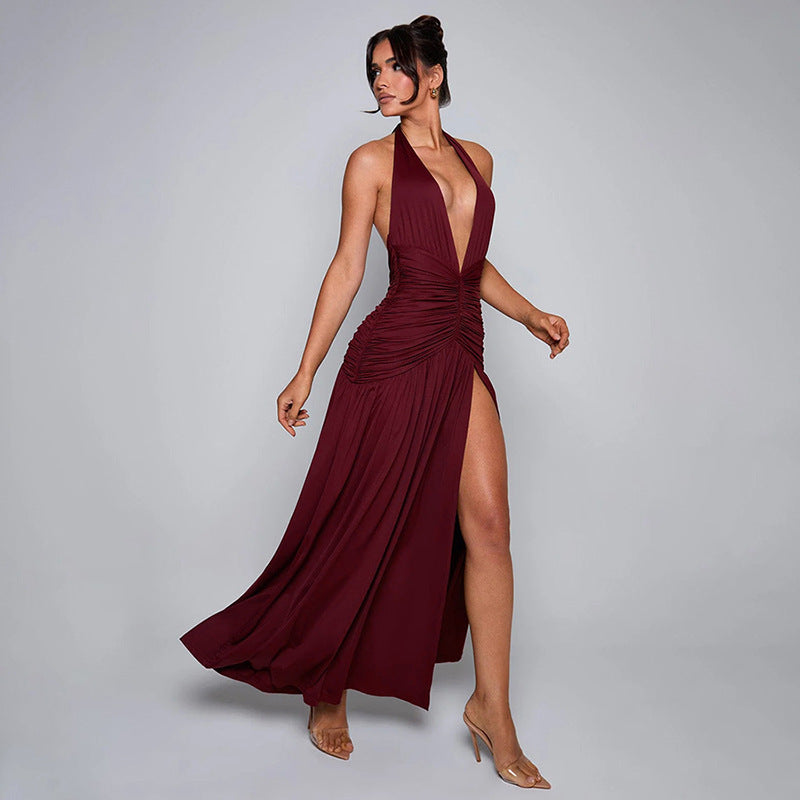 Damen Maxi Kleid mit gerafftem Design und tiefem V-Ausschnitt EB