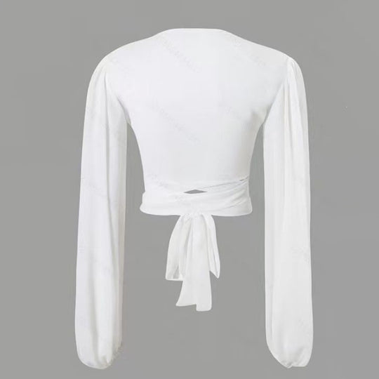 Damen Wickelbluse mit langem Arm und elegantem V-Ausschnitt EB