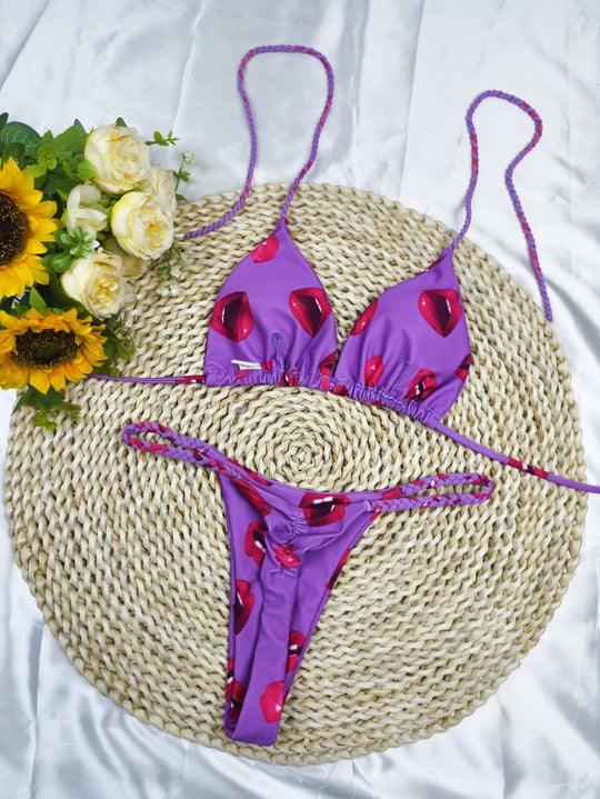 Damen Triangel-Bikini-Set mit fröhlichem Kirschmuster und verstellbaren Trägern EB