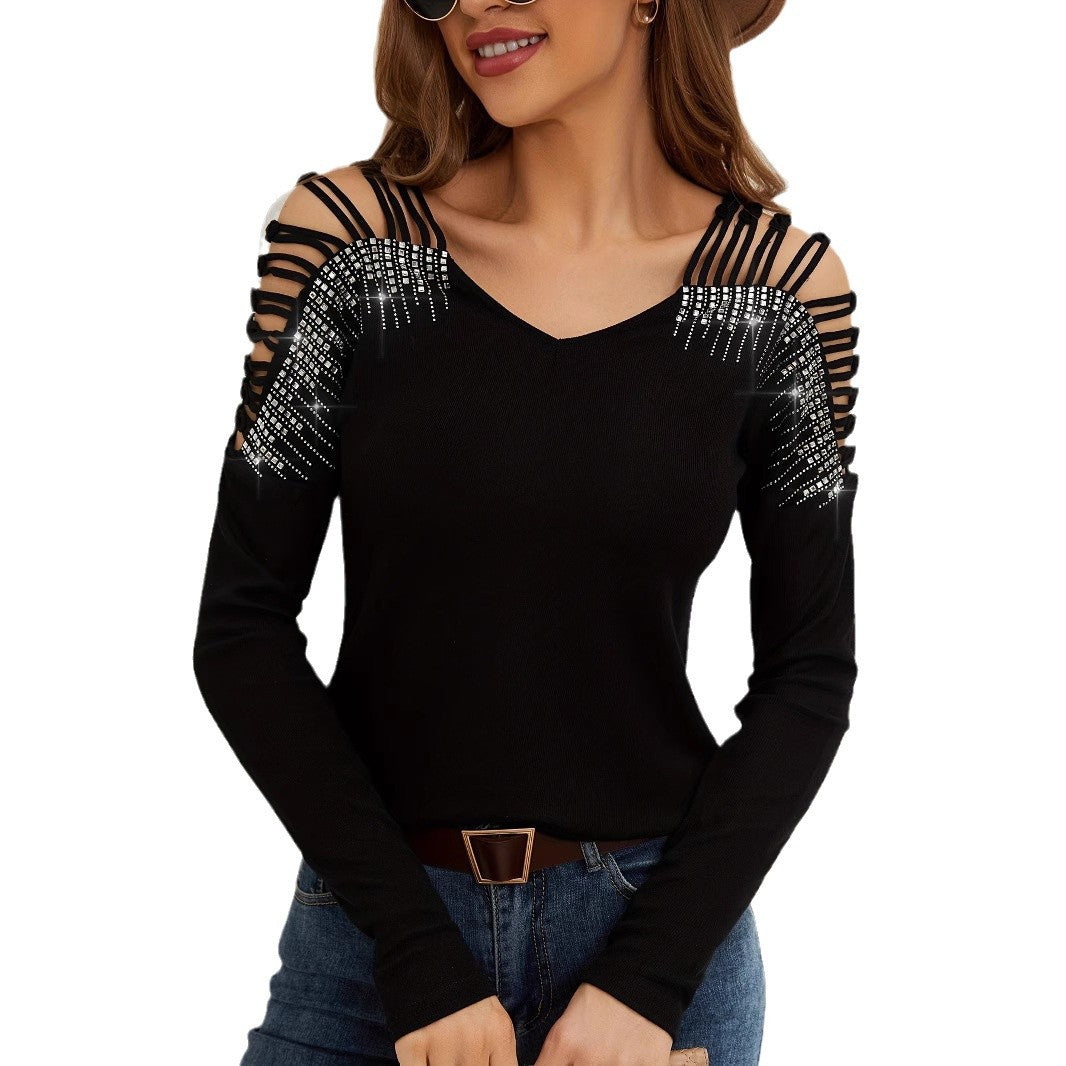 Damen Langarmshirt mit offenen Schultern und Strassverzierung EB