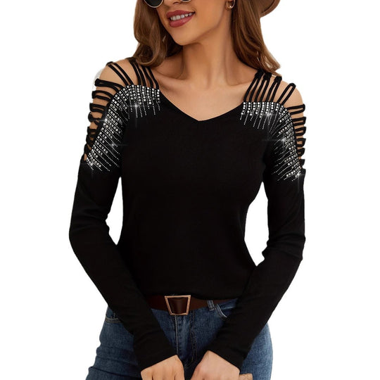 Damen Langarmshirt mit offenen Schultern und Strassverzierung EB