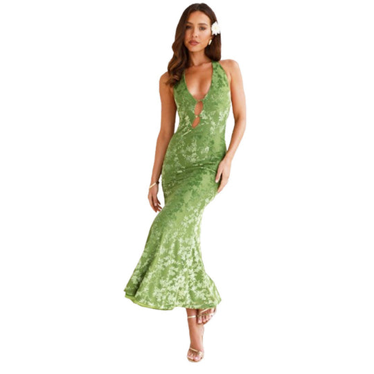 Damen elegantes Maxikleid mit tiefem V-Ausschnitt und transparentem Design EB