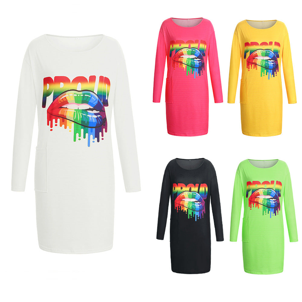 Damen Langarm-Kleid mit trendigem Grafiken-Design und praktischen Taschen EB