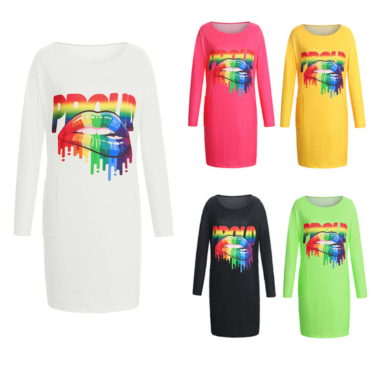 Damen Langarm-Kleid mit trendigem Grafiken-Design und praktischen Taschen EB