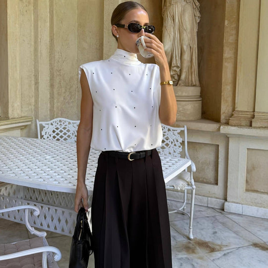 Damen Elegantes Oberteil mit hohem Kragen und feinen Punkten EB