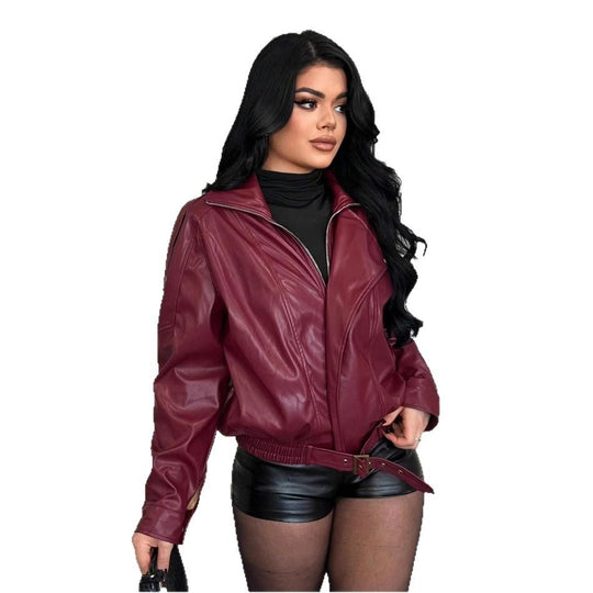 Damen Kunstlederjacke mit figurbetontem Schnitt und dekorativem Gürtel EB