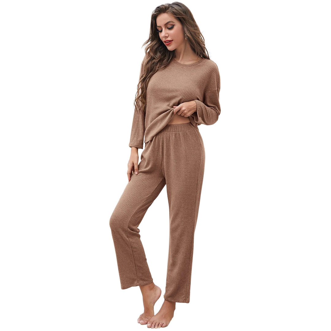 Damen lässiges Langarm-Pyjama-Set mit elastischem Bund und weichem Stoff EB