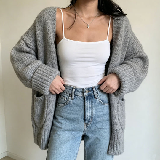 Damen Langer Offener Grobstrick-Cardigan mit aufgesetzten Taschen und gerippten Bündchen EB