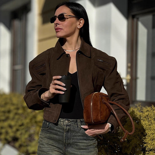 Damen modische Suede-Bomberjacke mit voluminösen Ärmeln EB