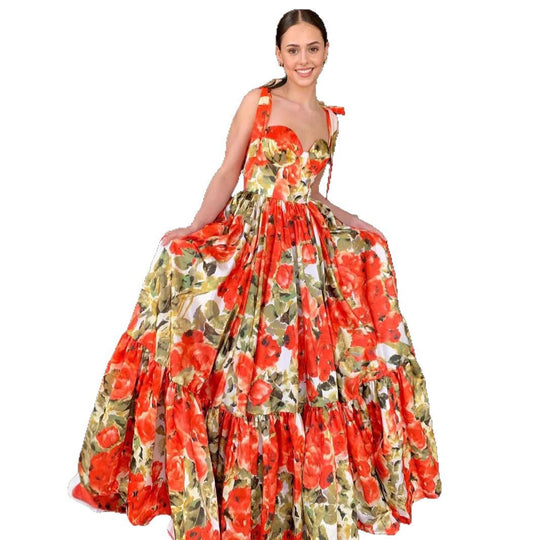 Damen Festliches Maxikleid mit floralen Rüschendetails und schwingendem Rock EB