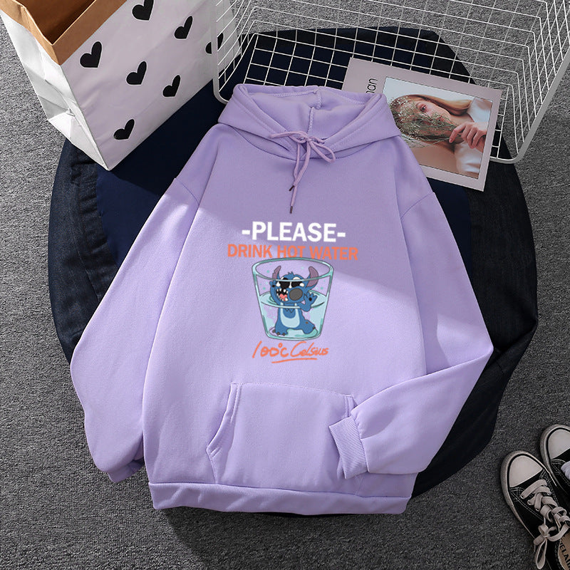 Damen nan Kapuzenpullover mit großflächigem Cartoon-Glas-Print, weichem Fleece-Innenfutter und Kängurutasche EB