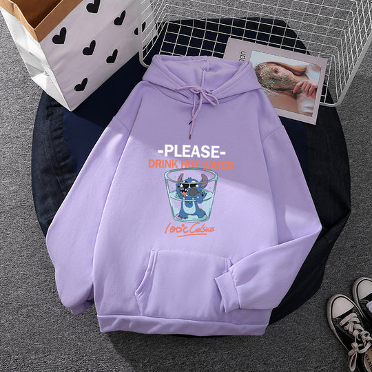 Damen nan Kapuzenpullover mit großflächigem Cartoon-Glas-Print, weichem Fleece-Innenfutter und Kängurutasche EB