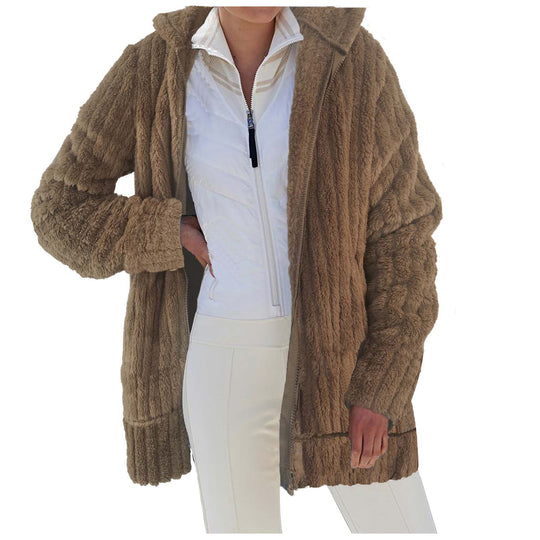 Damen Kuschelige Langjacke aus strukturiertem Fleece mit Kapuze EB