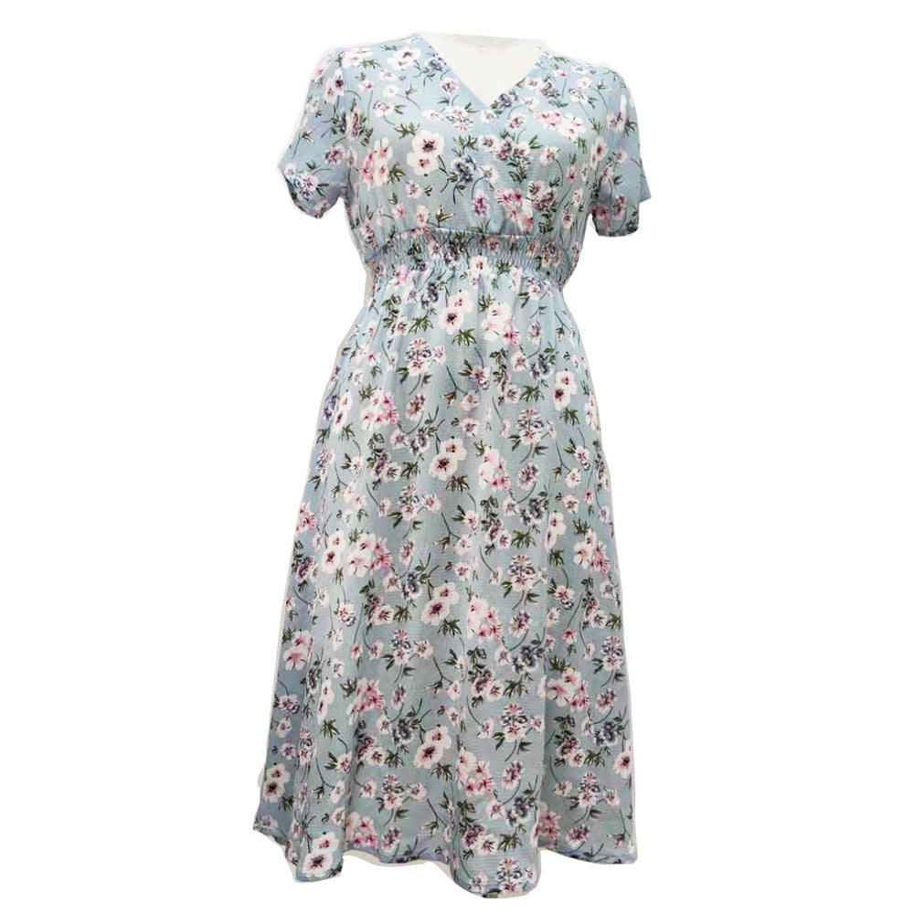 Damen langärmliges Kleid mit floralem Design und elastischem Taillenbund EB
