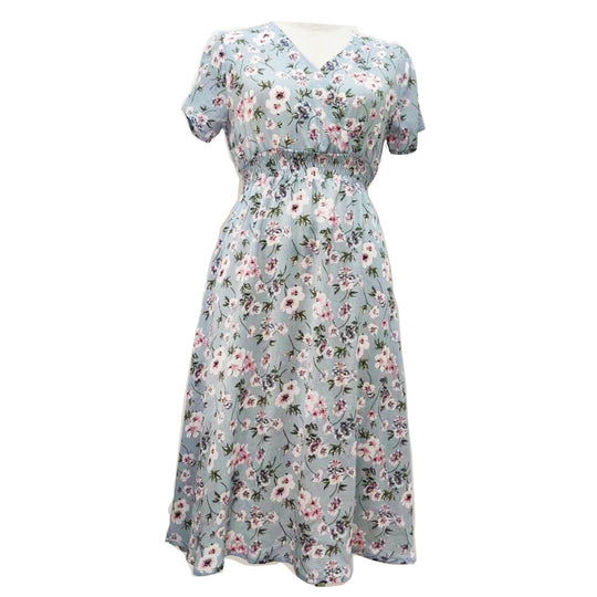 Damen langärmliges Kleid mit floralem Design und elastischem Taillenbund EB