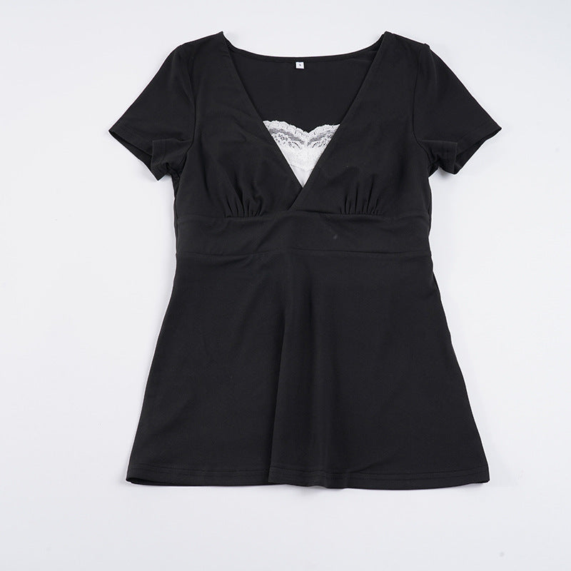Damen V-Ausschnitt Shirt mit Rüschendetails und elastischem Bund EB