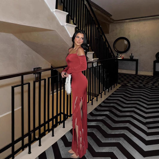 Damen Elegantes langärmliges Maxikleid mit asymmetrischem Saum und Rüschendetails EB