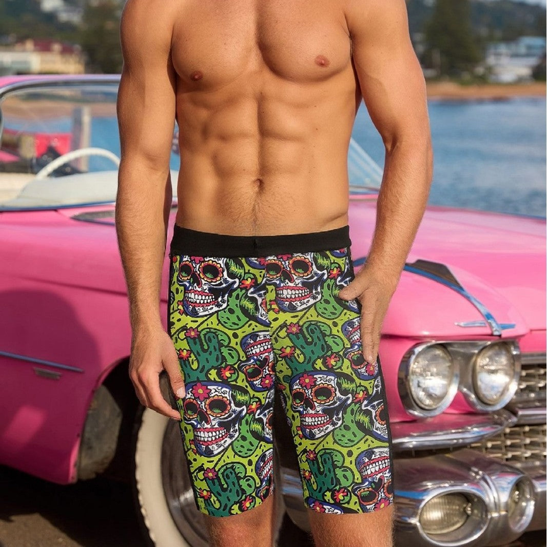 Herren Badeshorts mit kreativem Totenkopf-Design und elastischem Bund EB