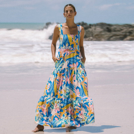 Damen Maxi-Kleid mit voluminösem Saum und angesagtem Blumenprint EB