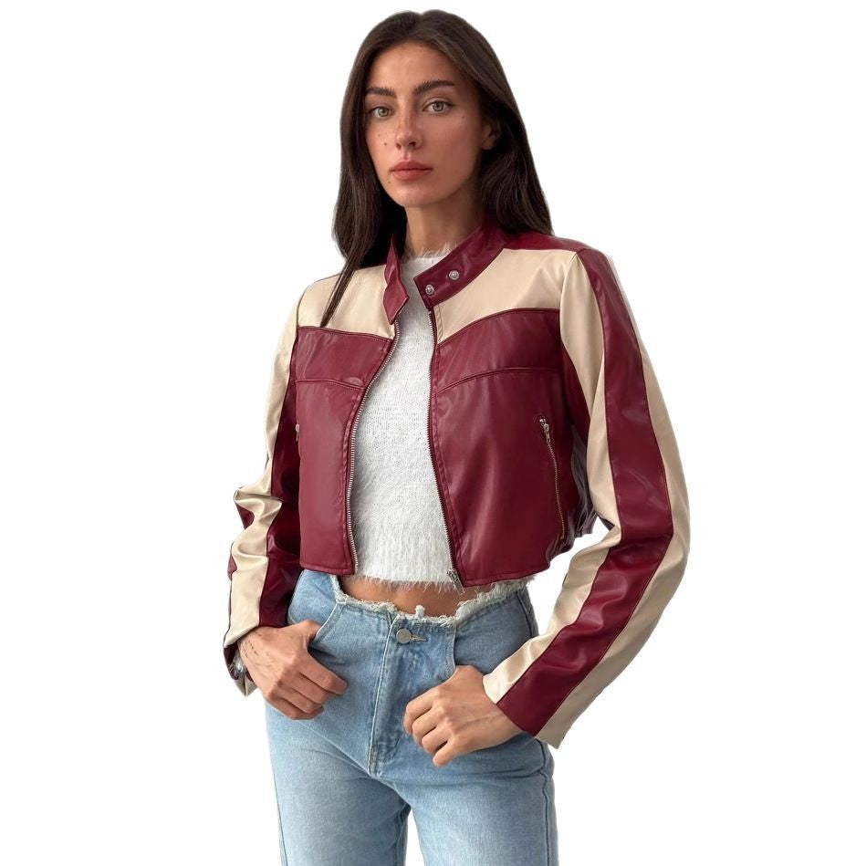 Damen cropped Kunstlederjacke mit kontrastierenden Einsätzen EB