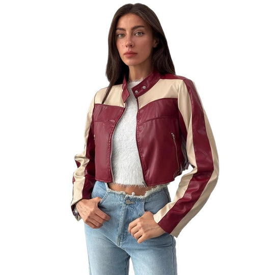 Damen cropped Kunstlederjacke mit kontrastierenden Einsätzen EB