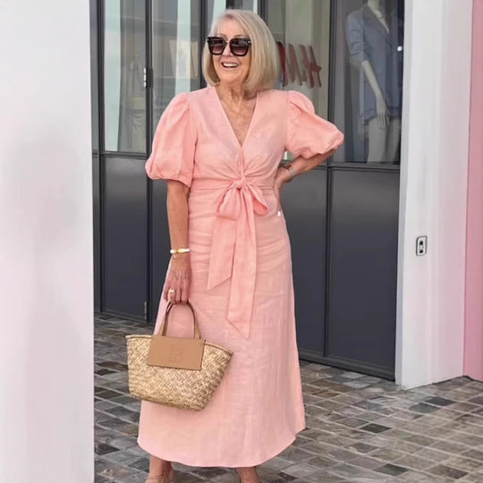 Damen Maxikleid mit eleganten Puffärmeln und Taillenknoten EB