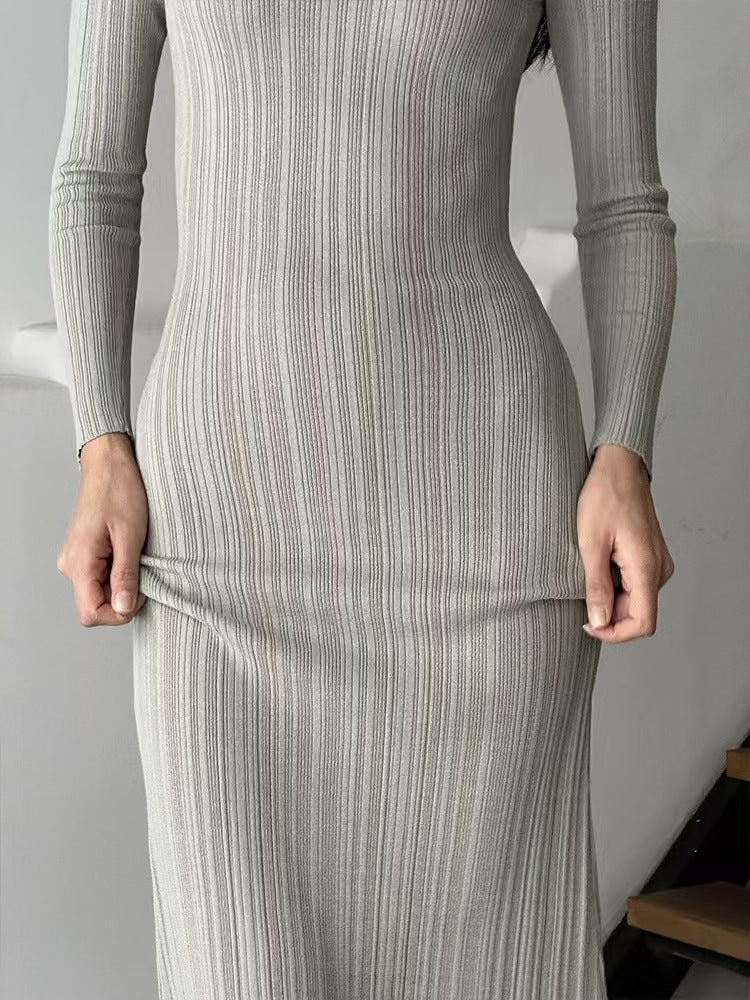 Damen Elegantes Rippstrick-Kleid mit langem Arm und Figurbetonter Silhouette EB