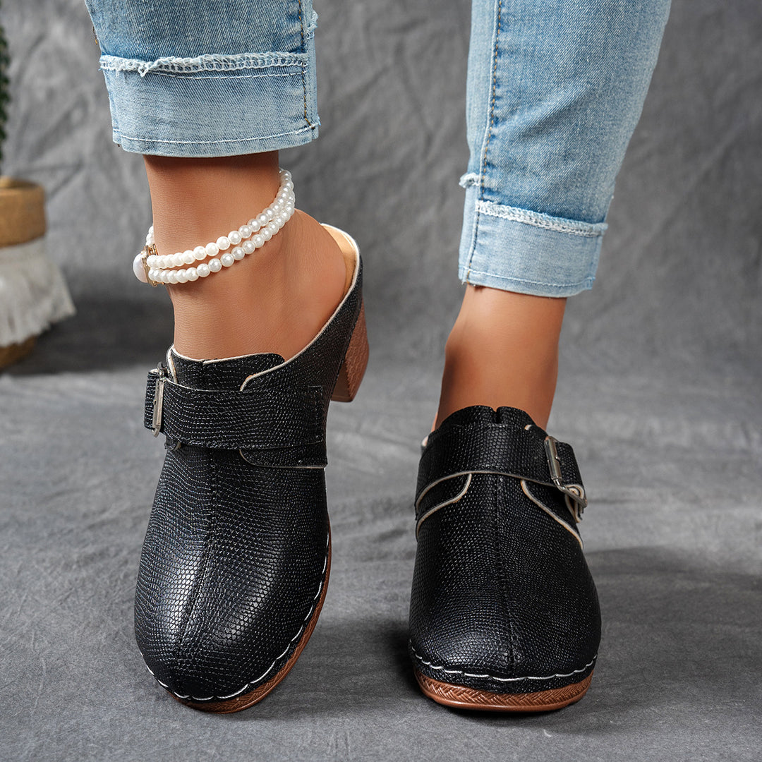 Damen Clogs mit modischem Schnallen-Design und komfortablem blockiertem Absatz EB