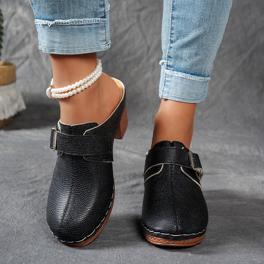 Damen Clogs mit modischem Schnallen-Design und komfortablem blockiertem Absatz EB
