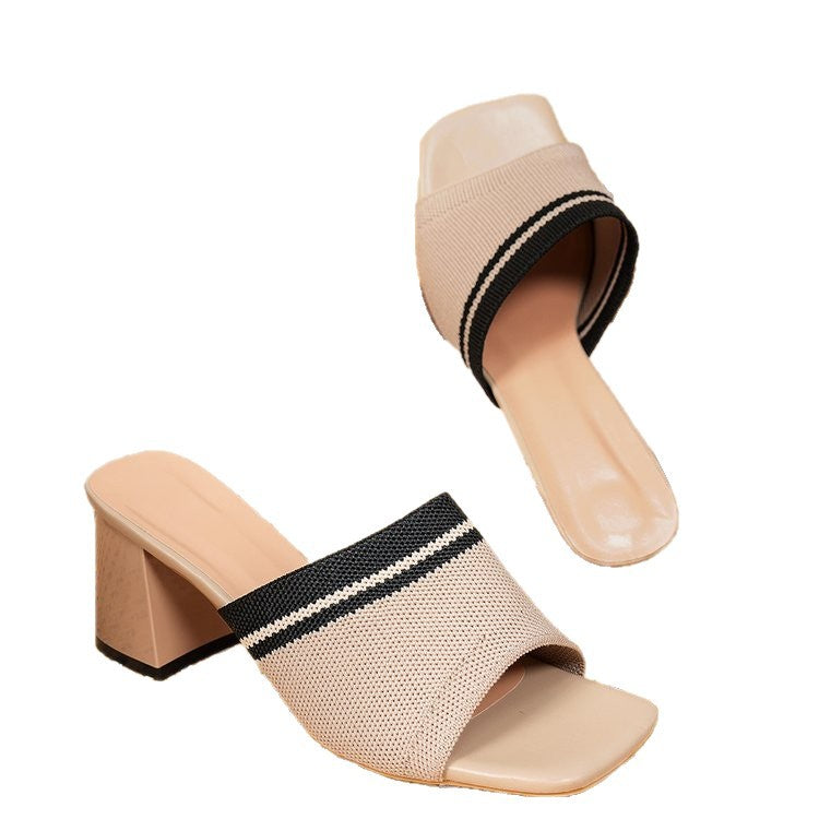 Damen elegante Mules mit Blockabsatz und modischem Gewebemuster EB