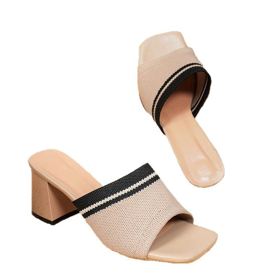 Damen elegante Mules mit Blockabsatz und modischem Gewebemuster EB