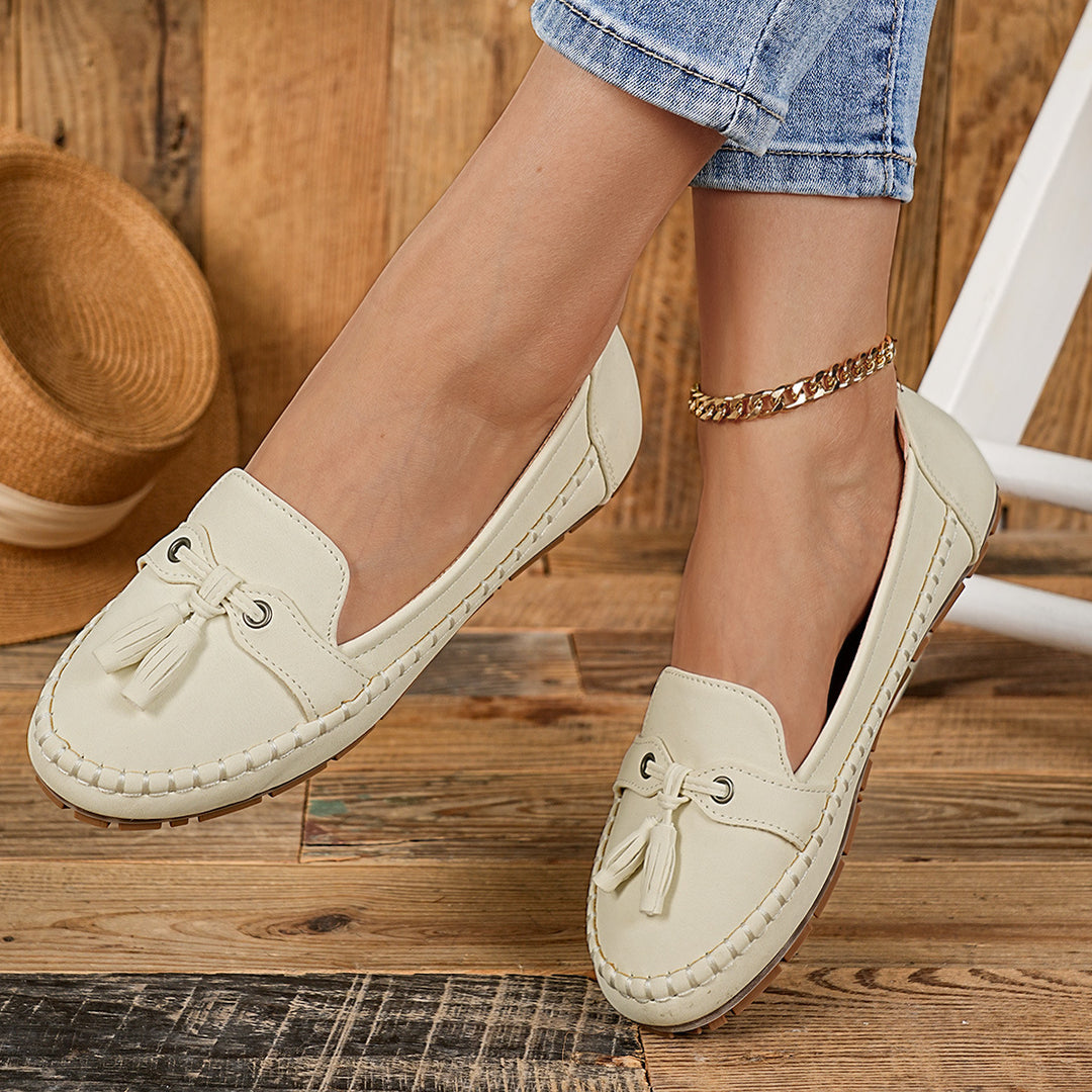 Damen  klassische Mokassin-Slipper mit Quasten, handgenähter Rahmennaht und rutschfester Gummisohle EB