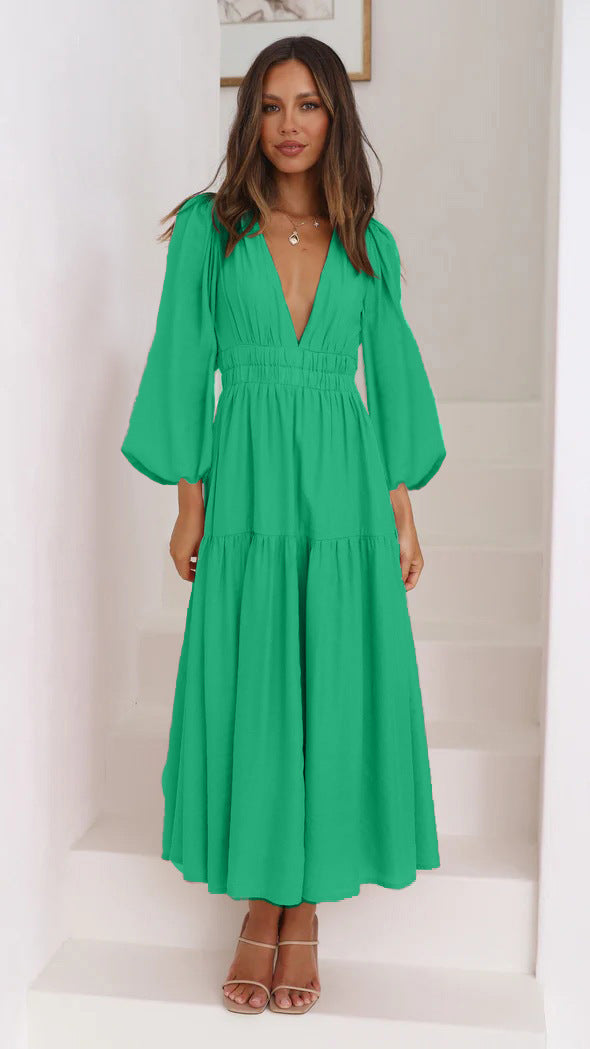 Damen Langarm Maxikleid mit tiefem V-Ausschnitt und weitem Rock EB
