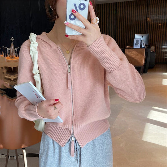 Damen modischer Zip-Hoodie aus weichem Strick EB