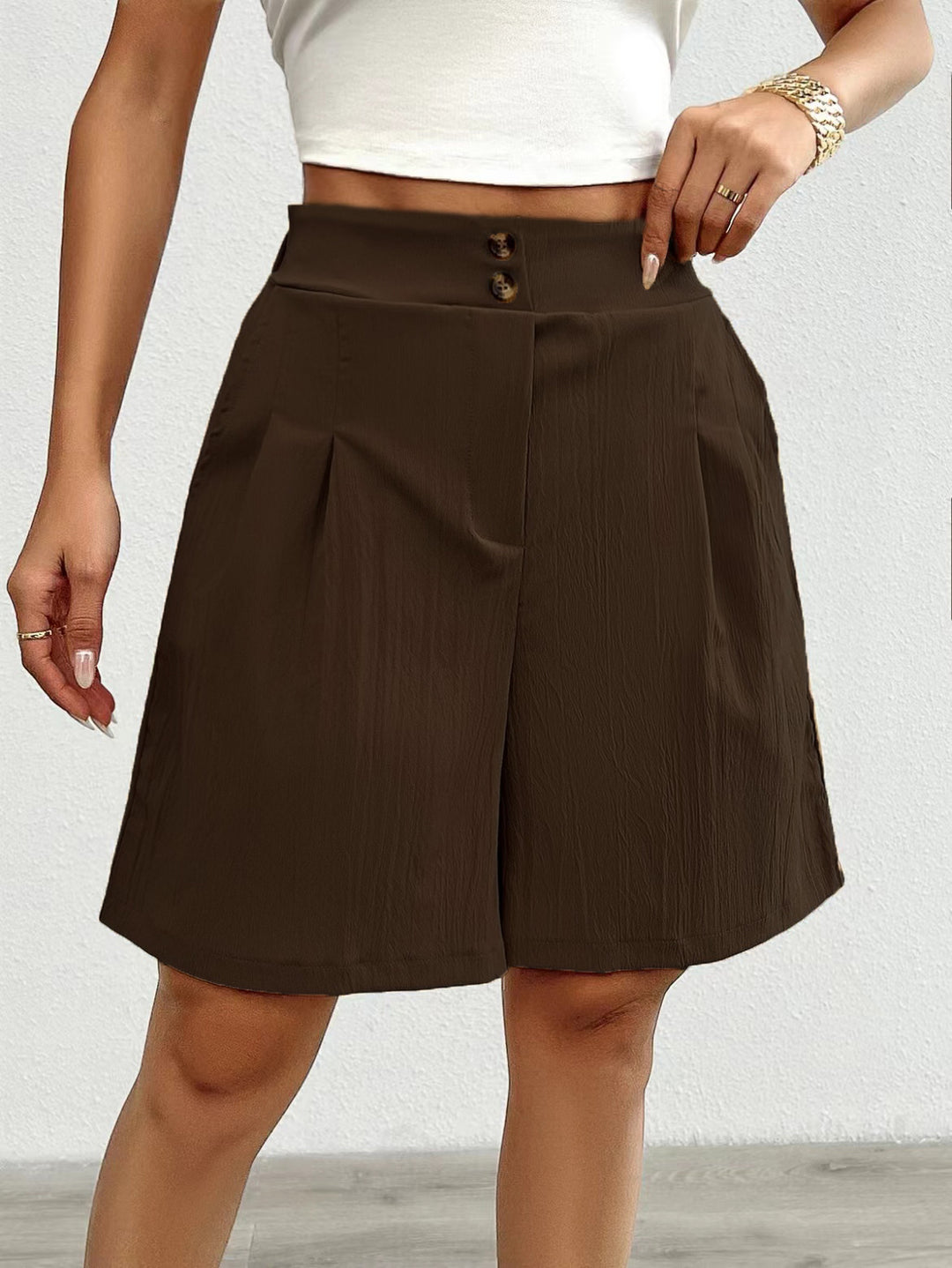 Damen Hochtaillierte Shorts mit doppeltem Knopfverschluss und Falten EB
