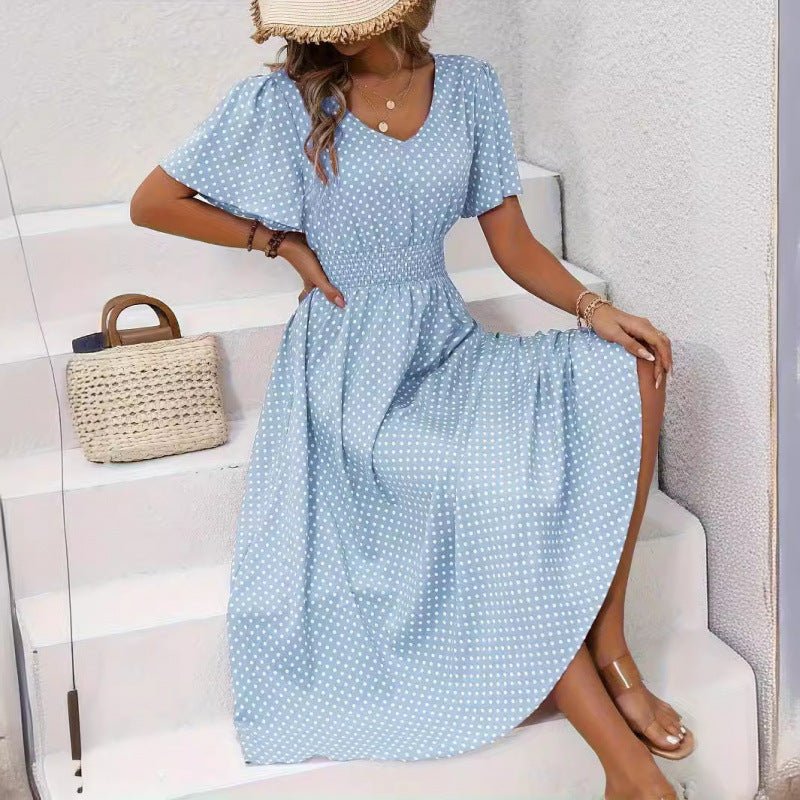 Damen Maxikleid im verspielten Punktdesign mit voluminösen Ärmeln und tiefem V-Ausschnitt EB