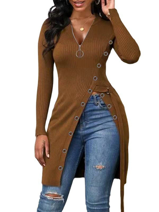 Damen figurbetontes Wickelshirt mit Knopfdetails und tiefem V-Ausschnitt EB