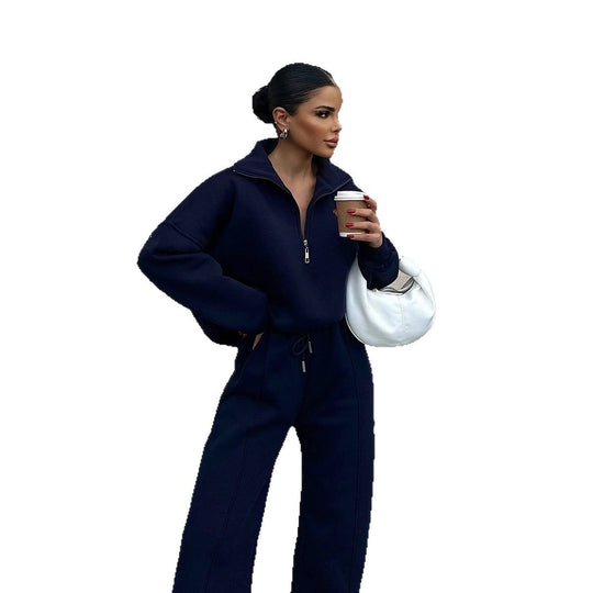 Damen Oversized Fleece-Lounge-Set mit Halb-Reißverschluss und weiten Jogginghosen EB