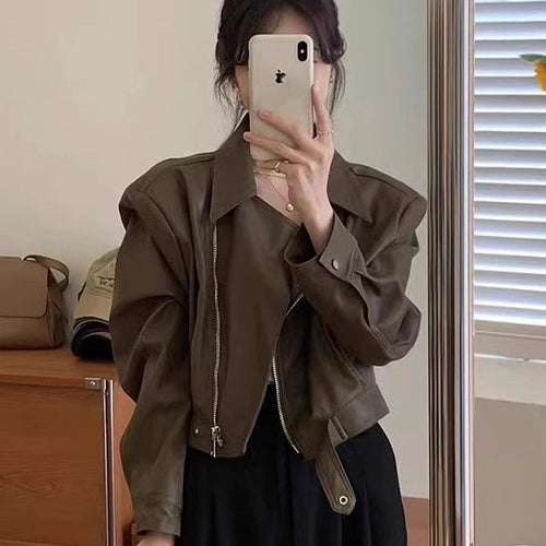 Damen Cropped-Lederjacke im stylischen Biker-Design mit asymmetrischem Reißverschluss und weichen Materialien EB