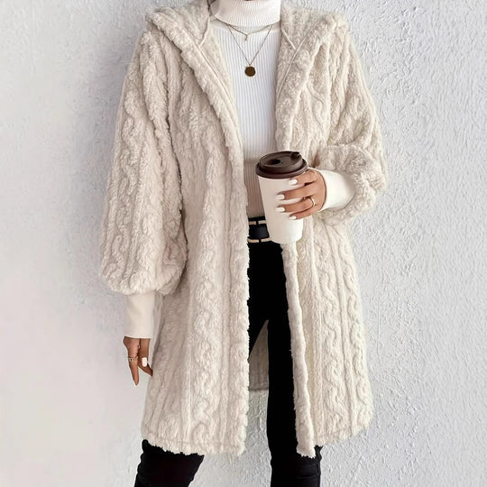 Damen Flauschige Oversized-Strickjacke mit Kapuze und Eingrifftaschen EB