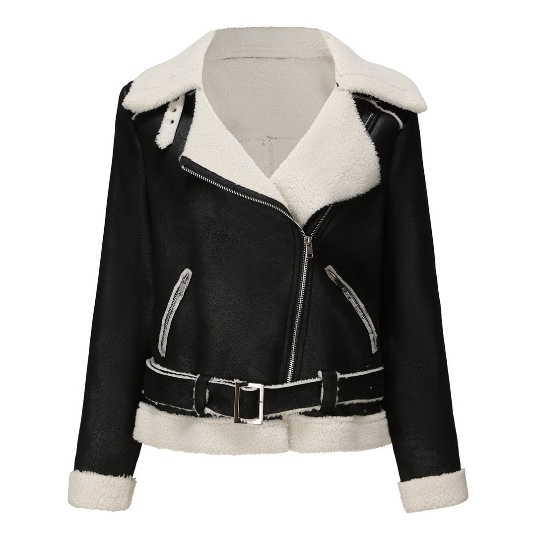 Damen nan taillierte Lammfellimitat-Fliegerjacke mit Gürtel und Teddyfutter EB
