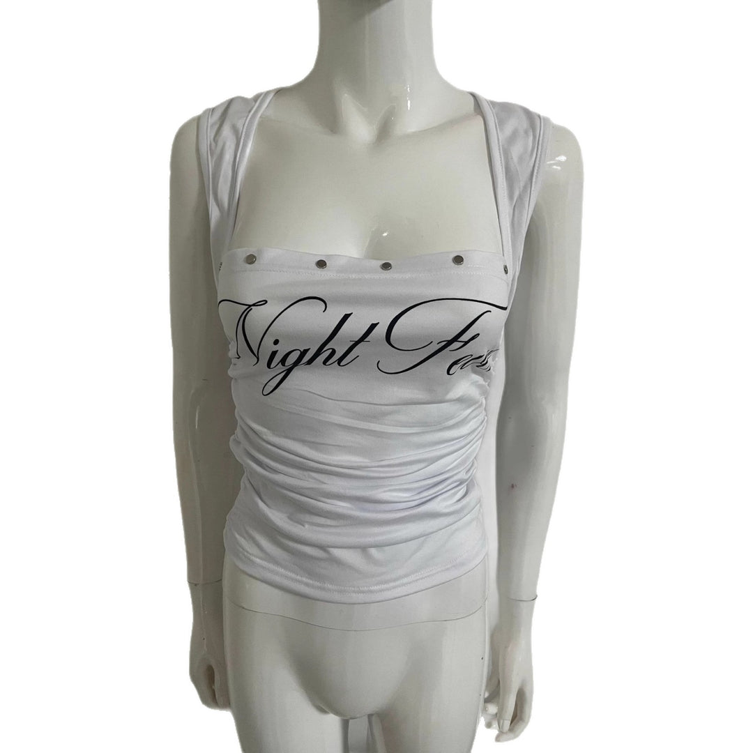 Damen Kurzarm Top mit verspieltem Schriftzug und Rüschendetails EB