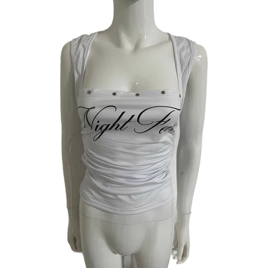 Damen Kurzarm Top mit verspieltem Schriftzug und Rüschendetails EB